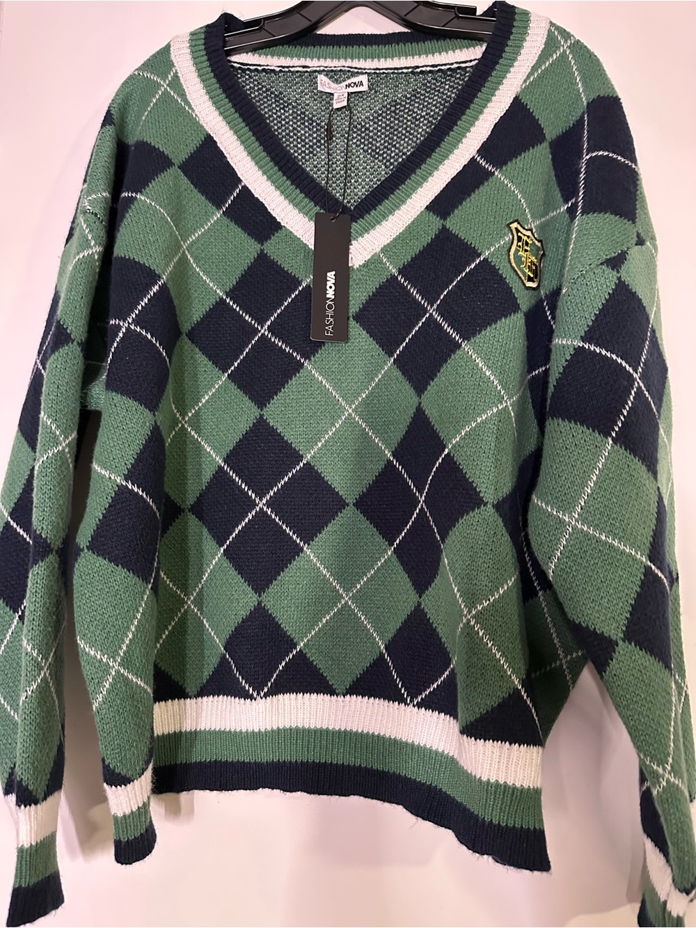 Fashion Nova Green & Navy Argyle V-Neck Sweater with Crest